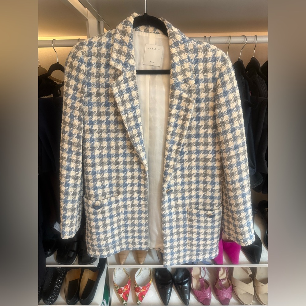 Sandro Blue and White Houndstooth Tweed Blazer